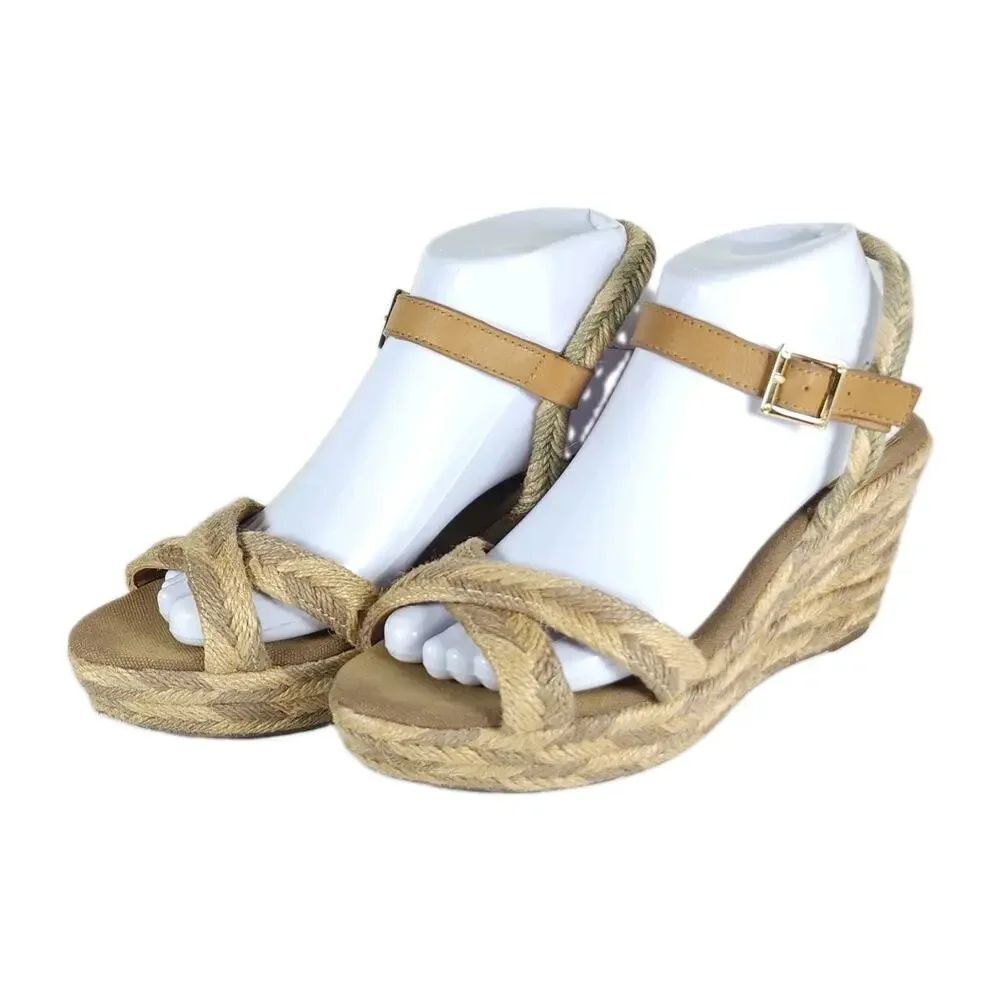 Tory Burch Camellia Women's US 8M Tan Jute Braided Rope Wedge Espadrilles